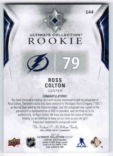 21/22 2021 ULTIMATE COLLECTION ROSS COLTON #144 ROOKIE PATCH AUTOGRAPH AUTO /99 - Picture 2 of 2