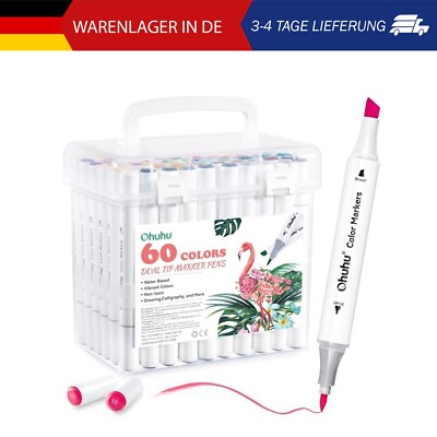 Ohuhu Marker Wasser 60 Farben   Filzstifte mit Doppelspitze (6,5 mm & 1-2 mm) fü