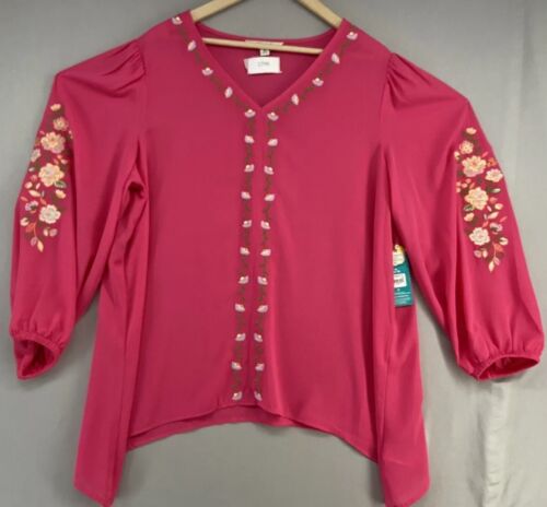 Pioneer Woman Blouse-XL-Pink-Floral Embroidered-Lightweight-Casual-Dress-V-Neck