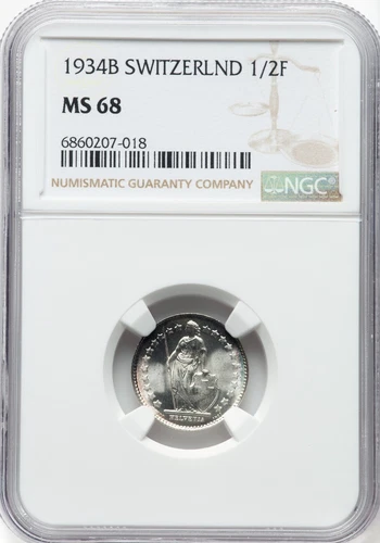 Switzerland - 1934 Confederation 1/2 Franc - NGC MS68 - MIND BLOWING QUALITY!
