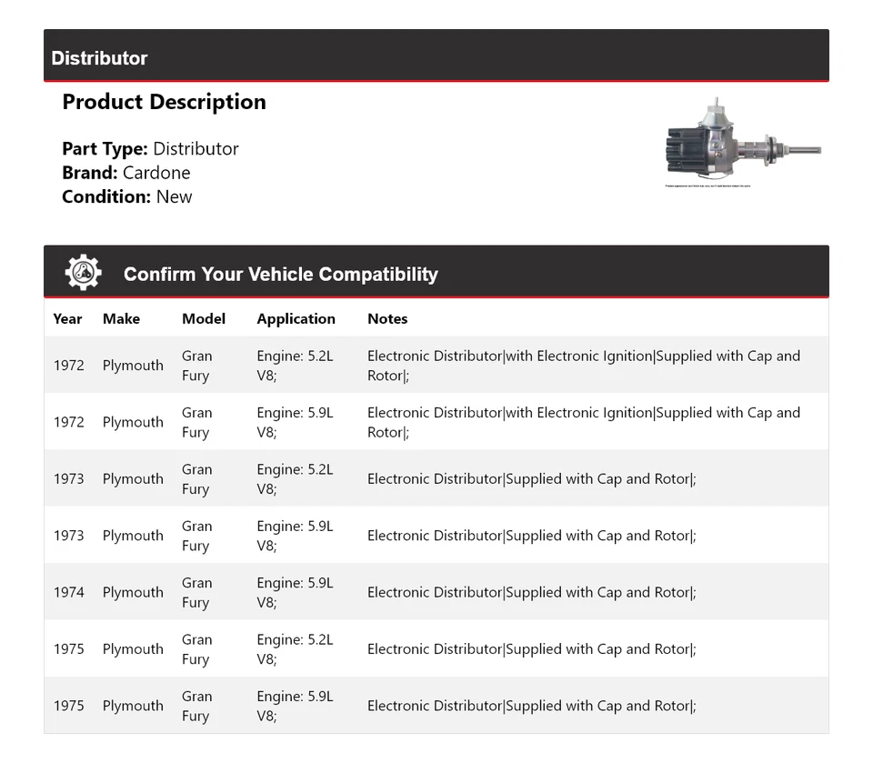 For 1972-1975 Plymouth Gran Fury Distributor Cardone 1973 1974 - Image 2 of 4
