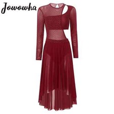 Womens Ballet Lyrical Dance Dress Shiny Rhinestone Sheer Mesh Gymnastics Leotard