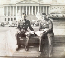 WWII Era US Soldiers Uniform Sitting on Bench Old Cars Photo