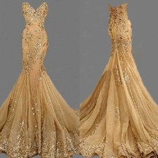 Golden Mermaid Evening Dresses Long Beaded Party Prom Formal Dress Sequins