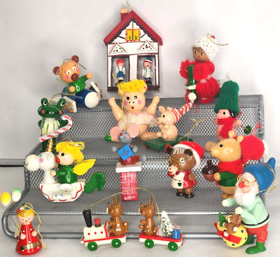 14 Vintage Wooden Hand Painted Animal Ornaments - Unicorn Frog Bear Pig Deer etc