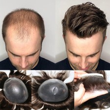 Mens Toupee Poly Skin Human Hair Replacement System Hair Piece Top Wig Free Ship