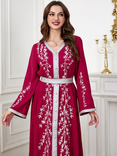 Muslimische Stickerei elegant Kaftan Maxikleid bescheiden Frauen Abaya Dubai Partykleid - Bild 4 von 53