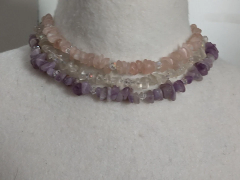 复古 3股宝石芯片透明粉红色石英、紫水晶和 AB 项链 18 — 第 4/4 张图片