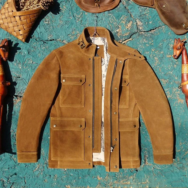 Mens American Real Suede Leather Hunting Coat Safari Jacket Trench Overcoats Zip - Image 2 of 4