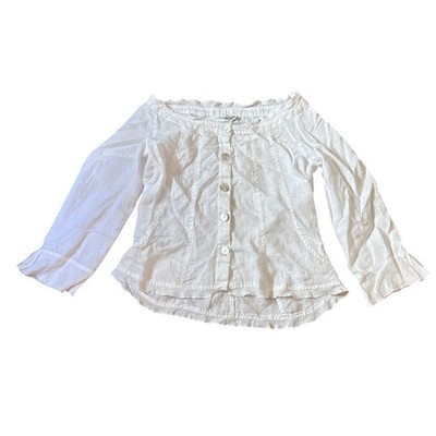 Coldwater Creek Linen Blouse Women White Ruffle Button Up Boho SIZE M