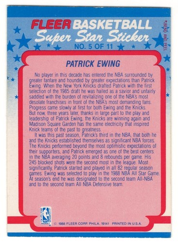 1988-89 FLEER STAR STICKER #5 PATRICK EWING B NEW YORK KNICKS - Picture 2 of 2