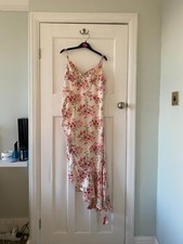 Cider Satin Floral V-Neck Ruffle Hem Midi Dress in Pink Floral (Women’s Size XL)