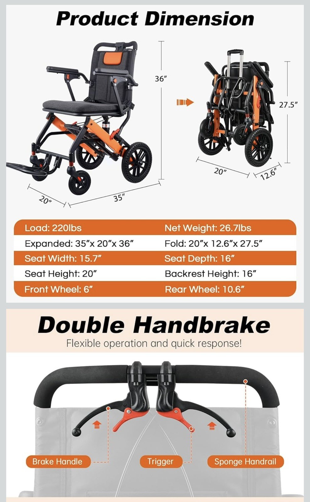 Upgraded Transport Wheelchair, Telescopic Handle, Inflatable Seat, light weight 