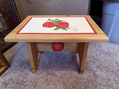 Vintage Hand-Painted Apple Design Light Wood Country Style Stool 11 inch Height