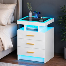 White LED Night Stand with 3 Drawers  Wireless Charging Station & Glass Top