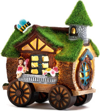 Garden Ornaments Outdoor, Lovely Carriage Fairy House with Solar Lights, Waterpr