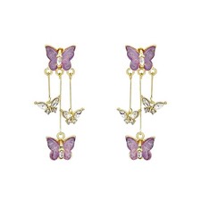 Purple Butterfly Tassel Earrings Long CZ Rhinestone Butterfly Dangle Earrings fo