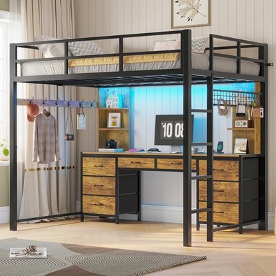 Full Loft Bed with Desk 8 Drawers Metal LED Lights Charging Station Rustic Brown