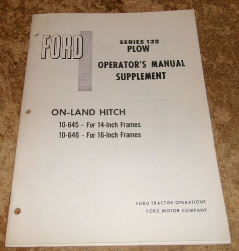 vintage ford 132 on-land plow hitch operators manual supplement very good used