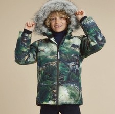 Molo Dinosaur Print Waterproof Insulated Jacket Faux Fur Hood 128 kids size 8 