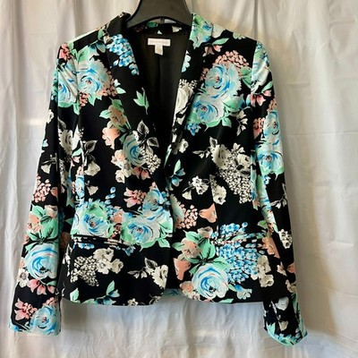 Charter Club Floral Print Blazer Jacket Black Blue Pink Sz L Cottage Boho Chic