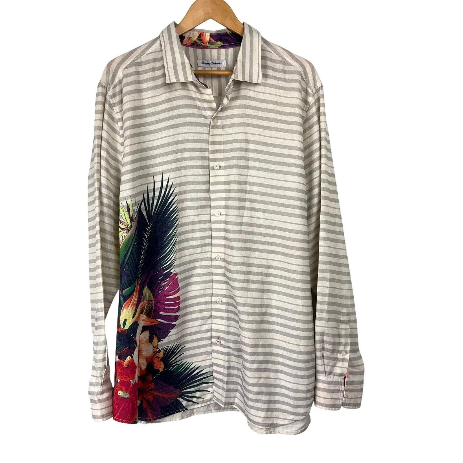 Tommy Bahama Men XXL Striped Tropical Floral Linen Blend Button Down Shirt Aloha