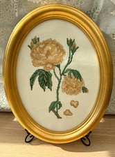 Vintage 1970s Oval Framed Needlepoint Yellow Rose Floral Embroidery Gold Gilt