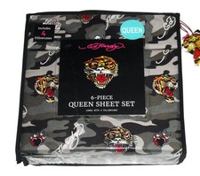 Ed Hardy 6-Pc Tattoo Grey Camo Tigers Flaming Hearts QUEEN Sheet Set NIP