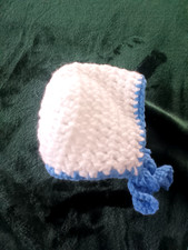 Handmade crochet blue and white newborn/preemie baby bonnet with chin ties