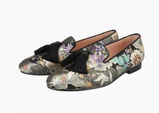 Men's Round Toe Floral Print Tassel Slip On BlocK Heels Loafers Formal Shoes