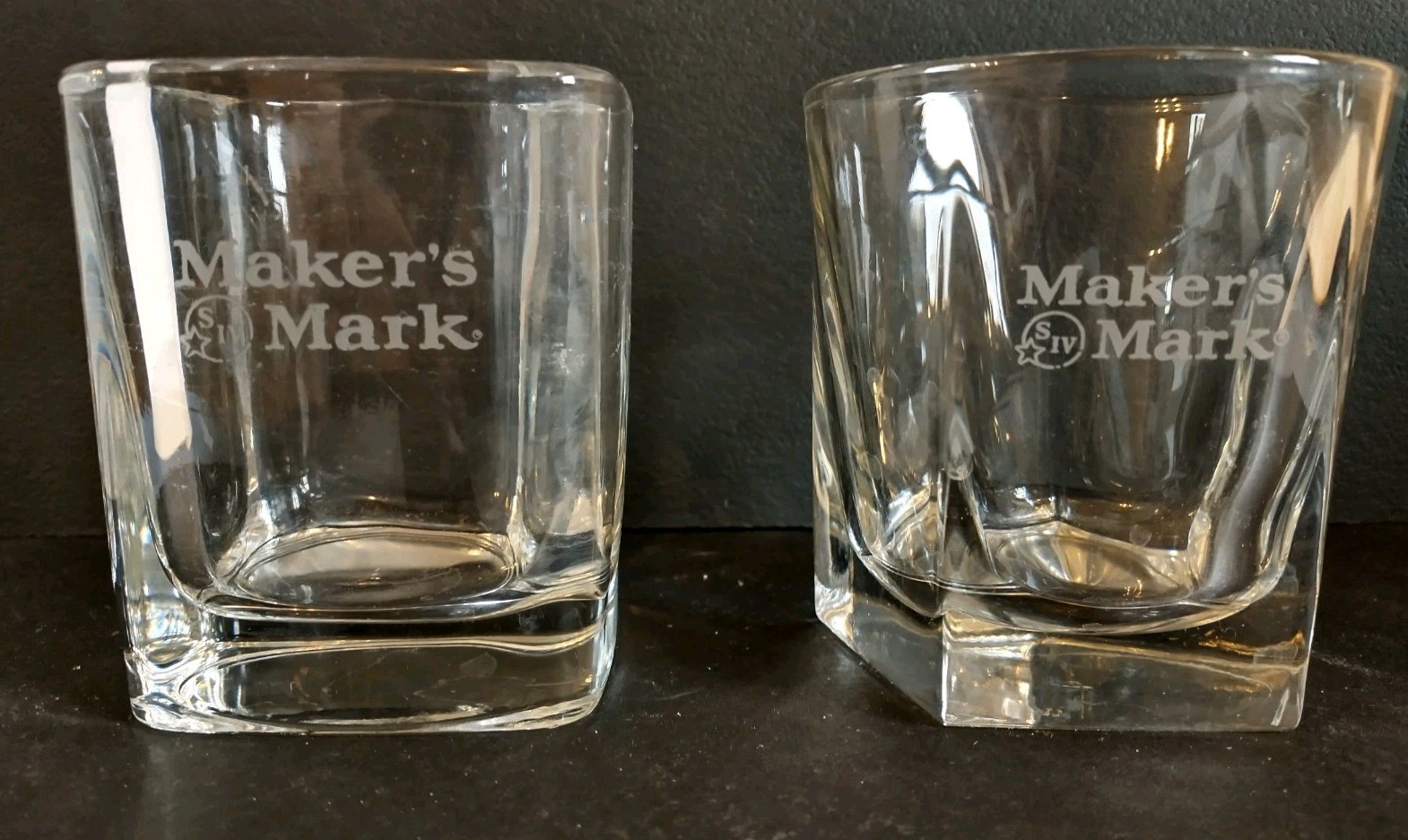 Vintage Set Of 2 Makers Mark Whiskey Glasses One Square And One Round 