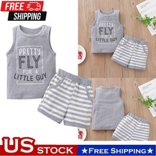 2Pcs Toddler Baby Boy Summer Gray Lettered Vest Striped Shorts Outfits Clothing