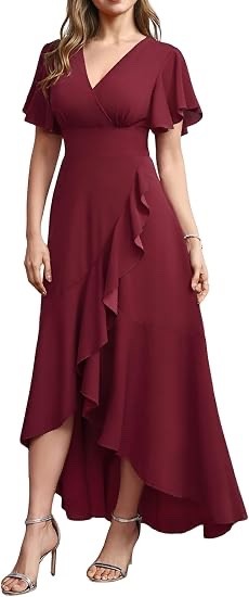 Vestidos formales largos MisShow para mujer elegantes cuello en V envolventes volantes BORGOÑA PEQUEÑOS