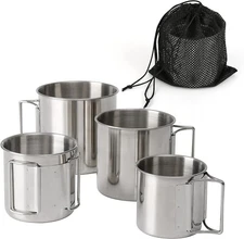 Stackable Camping Mug Stainless Steel Portable Cups with Folding Handle & Mesh
