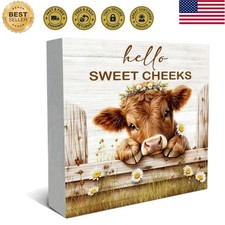 Hello Sweet Cheeks Highland Cow Bathroom Wood Box Sign Desk Decor, Highland C...