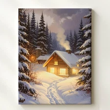 Twilight Cabin Glow Canvas Cozy Forest Retreat In Snowy Pines Some Lights Wall