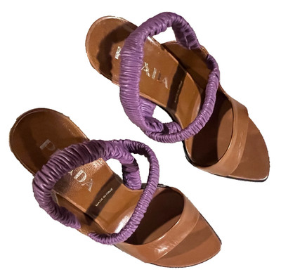 PRADA Brown/Tabac Sandals 4'' Heels w/Purple Ruched Elastic Straps Sz 37.5 NIB