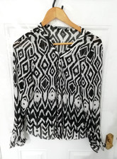 Per Una 14 Shirt Blouse Top Black White Crinkle Button Up Semi Sheer Long Sleeve