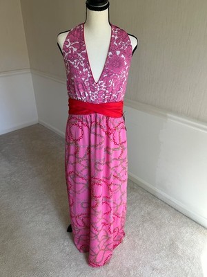 NY&C Pink Chain Print Halter Maxi Dress Smocked Waist Sleeveless NWT Large