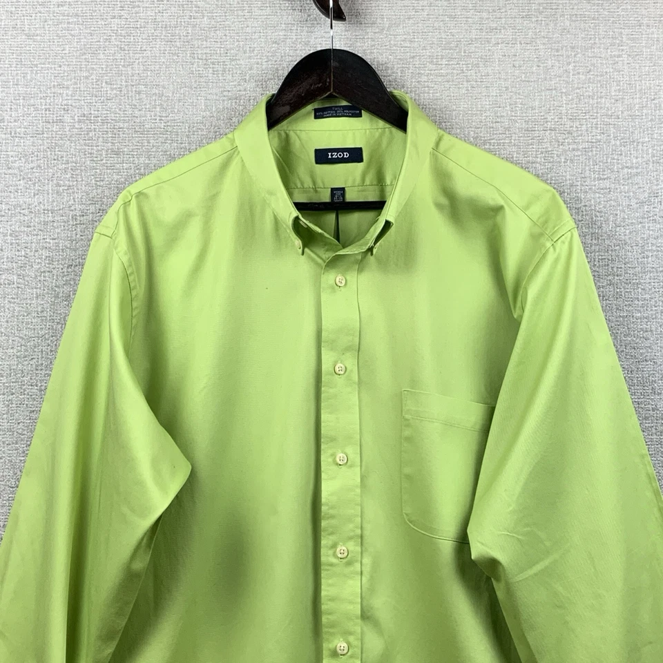 IZOD Button Down Dress Shirt Men's 18 1/2 x 35 / 36 Tall Lime Green Wrinkle Free - Image 2 of 4