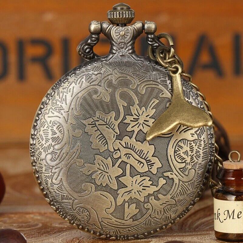 Antique 3D Fish Unisex Quartz Analog Pocket Watch Arabic Number 80CM Chain Gift - Image 3 of 4