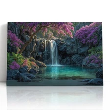 Waterfall Canvas Print Wall Art – Tropical Flowers & Turquoise Pool Landscape