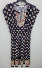 Ann Taylor Loft Dress Womens Medium Black Blue Floral Border Print Sleeveless
