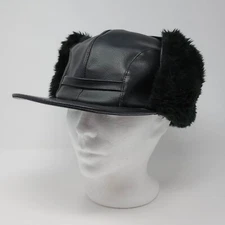 Vintage Korea PVC Faux Leather Fur Black Trapper Hatw/ Ear Flaps Size Medium M