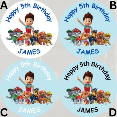  70 Personalised Custom Party Bag Stickers, Birthday Paw Patrol 37mm Labels 
