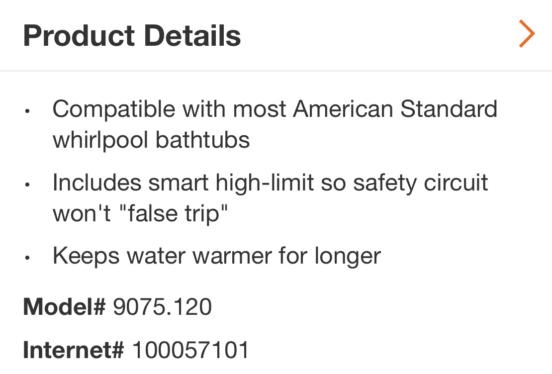 American Standard 9075120 Safe-T Heater 1500 Watt Whirlpool Heater  33056580011 | eBay