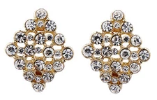 Gold Clip On Earrings stud with clear sparkling crystals - Ester