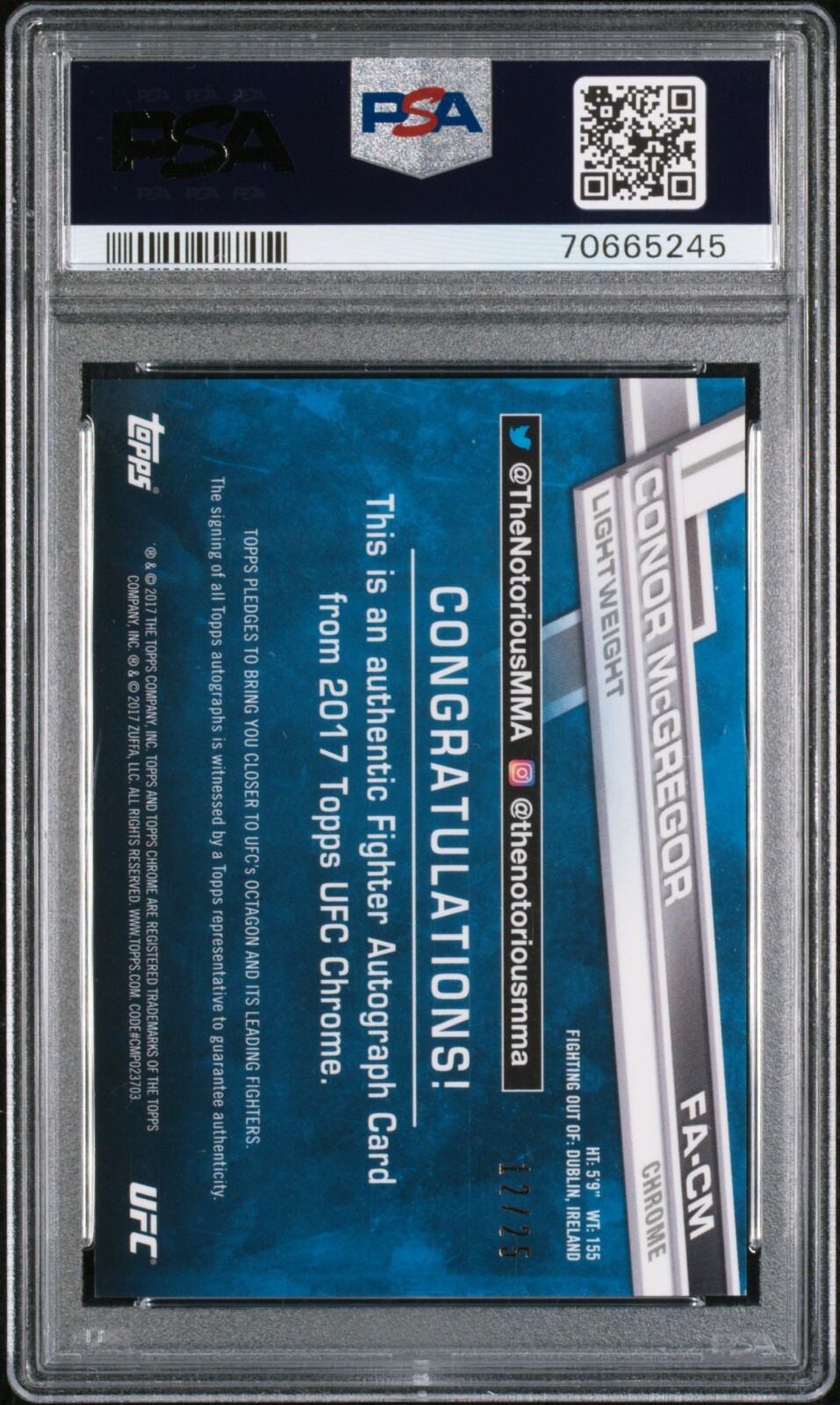 Conor McGregor 2017 Topps Chrome UFC Autograph Gold Refractor Auto 12/25 PSA 9 view 2