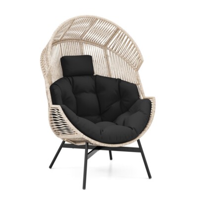 Outdoor Patio Wicker Oversized Egg Style Chair Cozy Seat Soft Cushion & Headrest