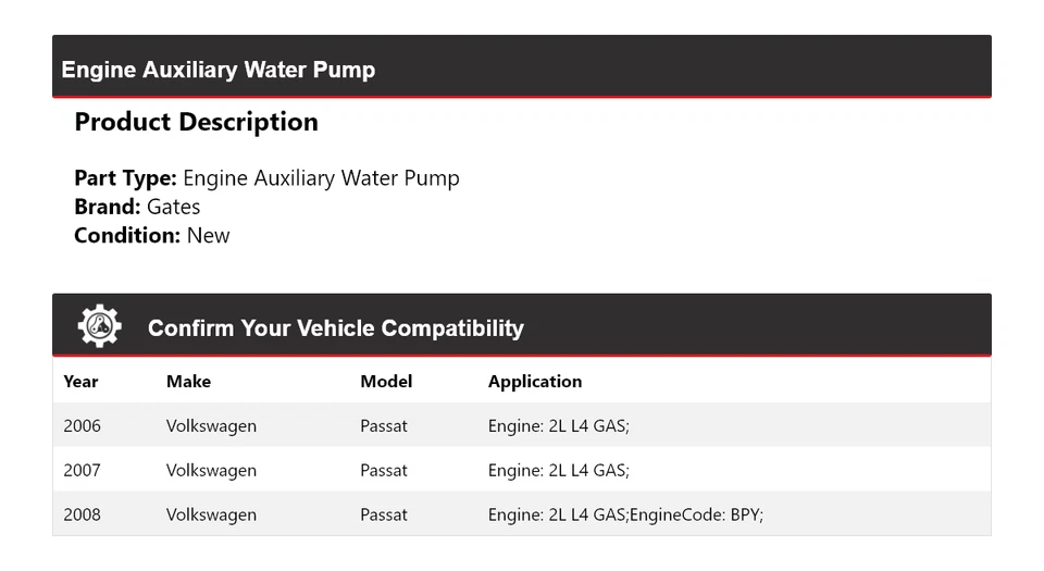 Para Volkswagen Passat 2006-2008 2L L4 Motor Gas Auxiliar Bomba Agua Puertas 2007 Foto 2 de 4